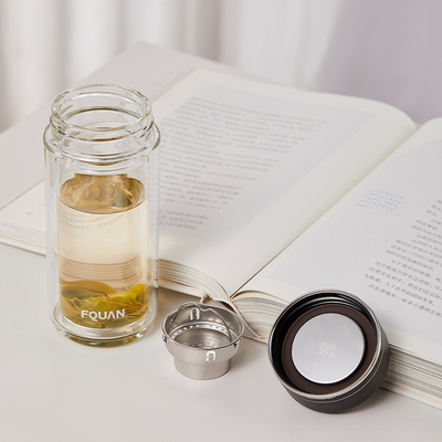 Praktische glasbeker met hoge borosilicaat met twee lagen met thee-partitie en UV-print