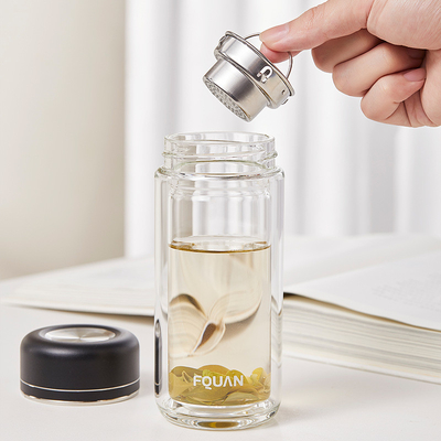 Praktische glasbeker met hoge borosilicaat met twee lagen met thee-partitie en UV-print