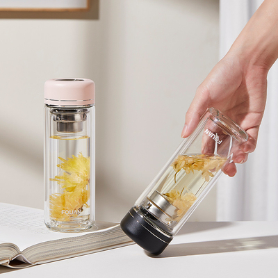 Praktische glasbeker met hoge borosilicaat met twee lagen met thee-partitie en UV-print