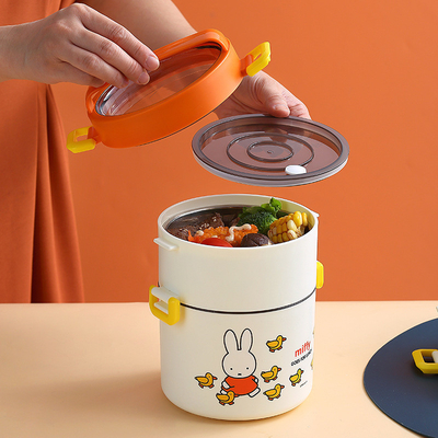 Dubbele laag draagbare lunchbox cartoonpatroon ronde bento doos met schattig ontwerp