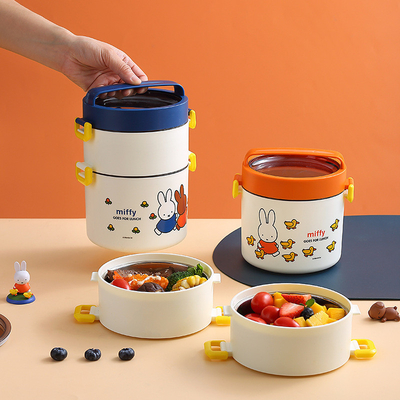 Dubbele laag draagbare lunchbox cartoonpatroon ronde bento doos met schattig ontwerp
