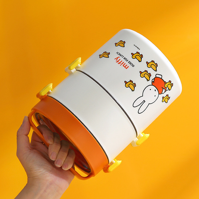 Dubbele laag draagbare lunchbox cartoonpatroon ronde bento doos met schattig ontwerp