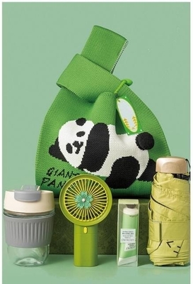 Kleurrijke Panda gebreide tas Set Handheld Kleine ventilator Hand Cream Glas paraplu Geschenk Set