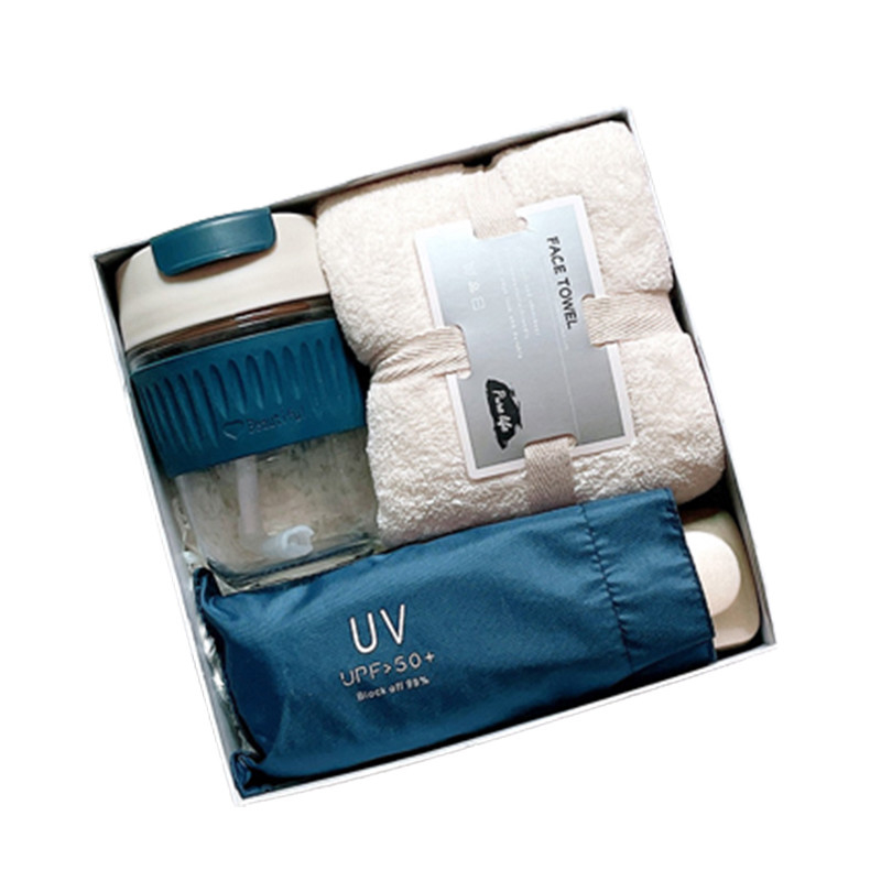 Silk Screen Printed Gift Set Glas waterbeker Zwart Rubber paraplu Koraal Plush Handdoek