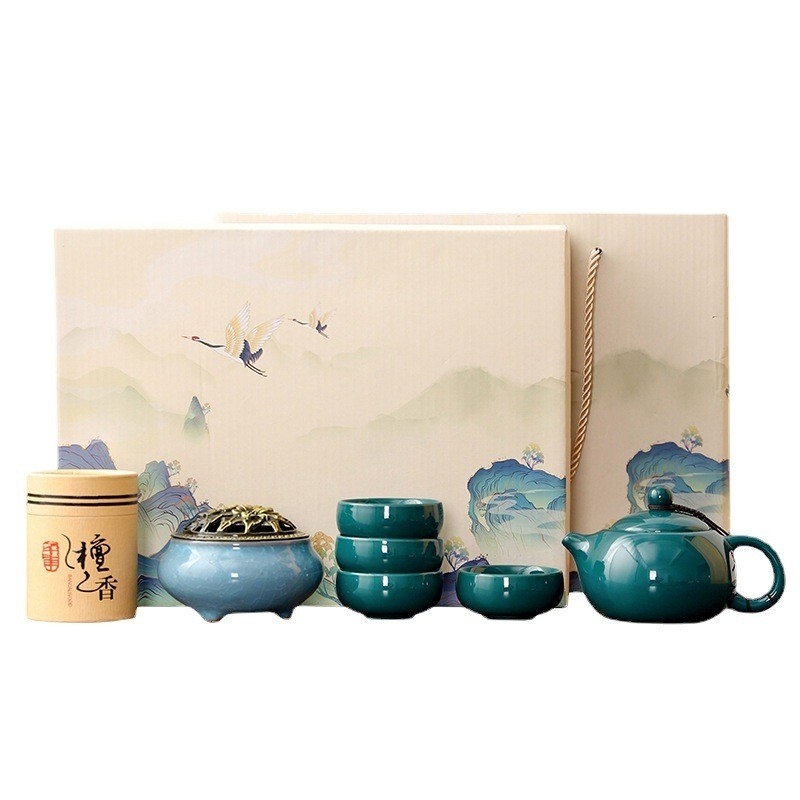 Elegante Chinese theeset Celadon Shih Tzu Pot met 4 kopjes en Sandelhout wierookbrander