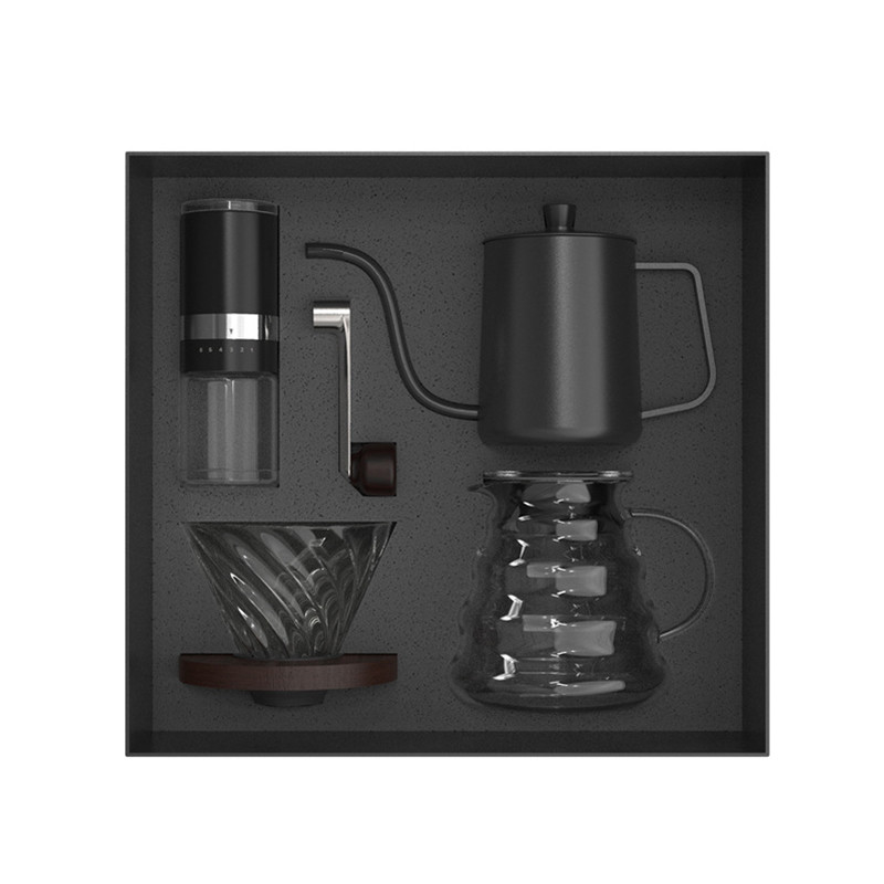 Koffiesoorten Set van vier voor de landbouw met de hand gebrouwen pot grinder trechter delen kop