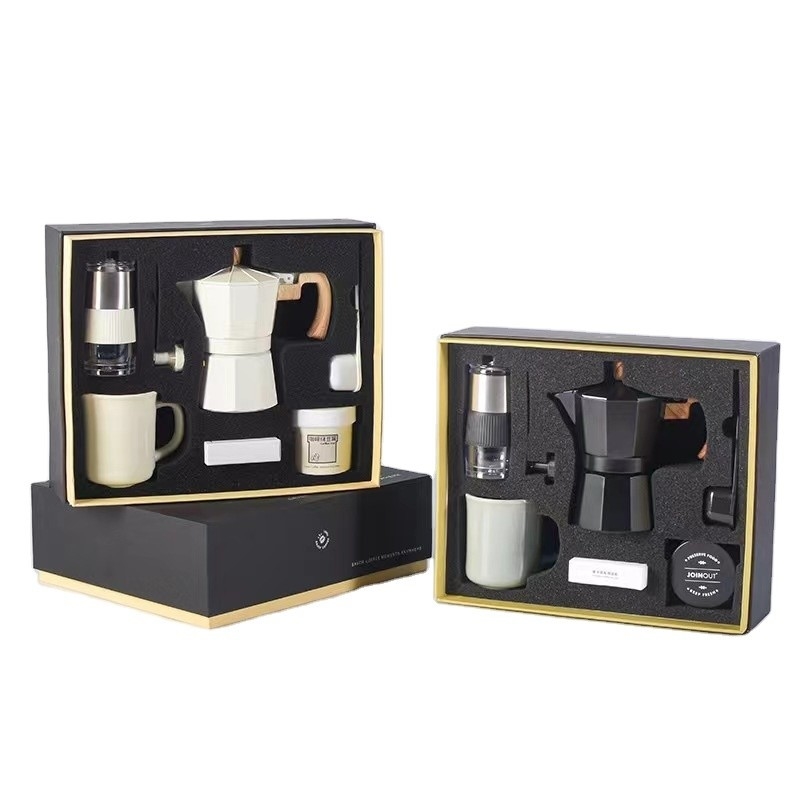 Silk Screen Printing Koffie cadeau doos met Mocha Pot Six Piece Set en Hand Grinder