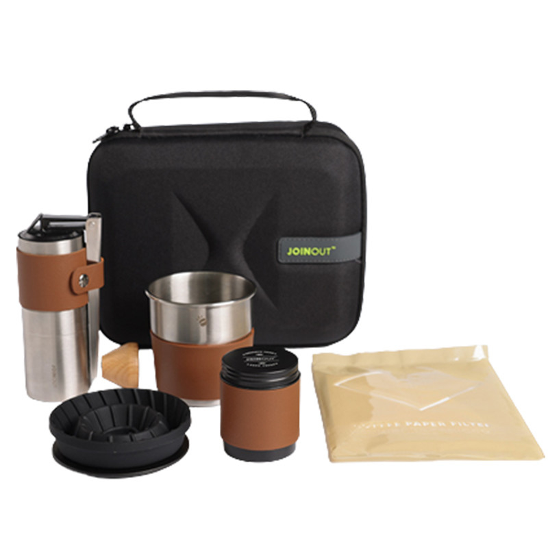 Outdoor draagbare koffieset met handgeschakelde bonenmaler en filterbekercombinatie